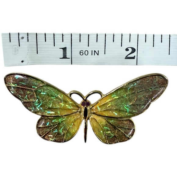 Vintage Iridescent Butterfly Brooch Gold Tone Statement Pin 70s - Picture 2 of 5